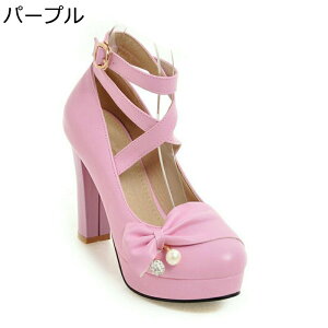 ロリータ 10.5CMヒール レディース 大きいサイズ クロスストラップ リポン プラットフォーム アンクルストラップ チャンキーヒール お嬢様 茶話会 身長アップ パーティー 仮装 男の娘