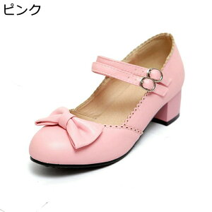 大きいサイズ ロリータ 靴 レディース リポン パンプス お嬢様 定番 甘ロリ靴 ダブルストラップ アンクルストラップ ラウンドトゥ 4CM ローヒール 茶話会 チャンキーヒール 仮装 コスプレ