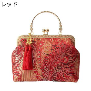 パーティーバッグ レディース レッド ラメ刺繍 ハンドバッグ サテン 大きめ フリンジ がま口ポーチ ショルダーバッグ 手提げ 花柄 和風和柄 中華風 斜めがけ 肩掛け クラッチバッグ 結婚 お