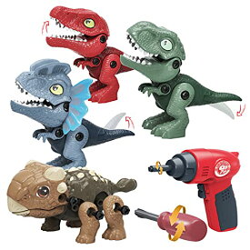 INVINZER 恐竜 おもちゃ 子供 DIY 組み立て 工具 セット 電動ドリル付属 男の子 女の子 誕生日のプレゼント 立体パズル STEM 大工さん おもちゃ