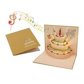ケーキ 誕生日カード メロディカード ライト付き 3D 立体 バースデー カード ポップアップカード グリーティングカード メッセージカード 誕生日 お祝い 封筒付き (ゴールドB)