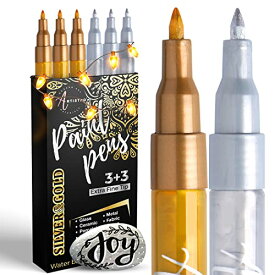 Paint Pens ペイントペン ロックペインティング 石 セラミック ワイングラス 木 布 生地 キャンバス 金属 スクラップブック (6パック) ゴールド3本&シルバー3本セット アクリル ペイントマーカー 極細 チップ 0.7mm