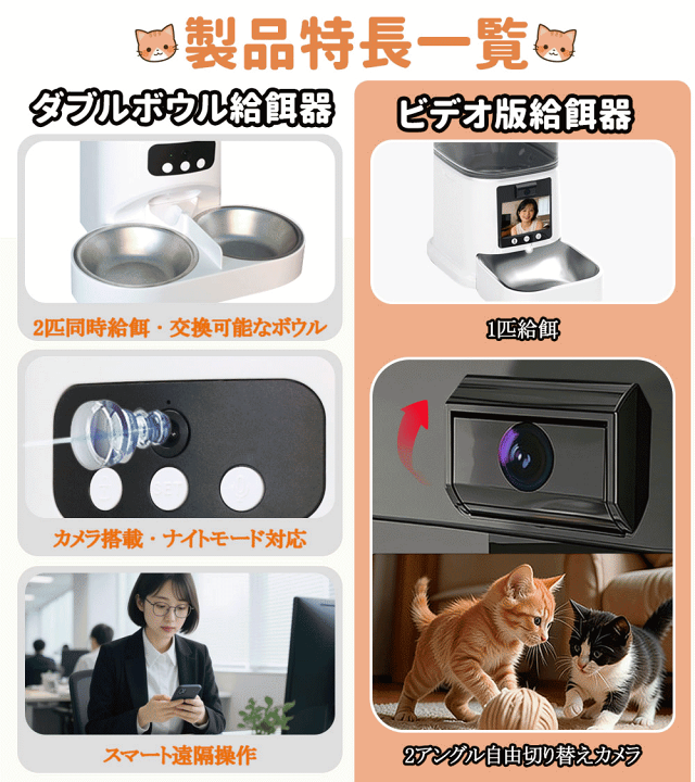 自動給餌器 猫 2匹 WIFI対応 遠隔操作 多頭飼い 取り外し可能なコンDXT