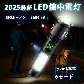 懐中電灯 LEDライト 強力 小型 2600mAh 大容量 Type-C充電式 生活防水 軍用級 アルミ合金 耐衝撃 COB作業灯 6モード調光 ズーム機能 500m照射 赤色SOSライト 停電 防災 地震対策 家庭用 キャンプ 夜釣り