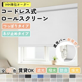 【SS限定★30％OFFクーポン＋P7倍】【革命な遮光デザイン】KEEGO ロールスクリーン コードレス つっぱり ロールカーテン 賃貸OK ネジ不要 取付け簡単 ネジ止め カーテンレールに取付け 断熱 遮熱 遮光 採光 防炎 撥水 防カビ オーダー 1mm単位 幅40－250cm 高さ0－240cm