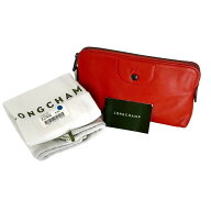 「中古」LONGCHAMP ロンシャン セカンドバッグ ポーチ キャンバス レザー オレンジ 無地 美品 保存袋付き…