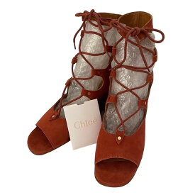【未使用美品】Chloe クロエ CH24522 レースアップ ヒール サンダル 靴 オープントゥ スエード ブラウン [サイズ 37 (約24cm)]　レディース