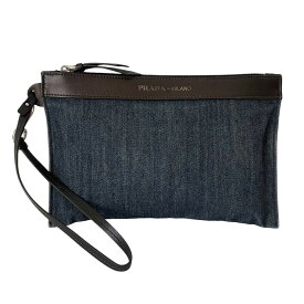 ［中古］PRADA プラダ 化粧ポーチ ハイブランド 黒 青 ブラック ブルー クラッチポシェット コスメポーチ ポーチ 小物入れ ストラップ付 ロゴ型押し レザー デニム レディース