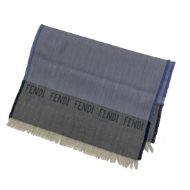 ［中古］FENDI フェンディ マフラー 青系 ストール フリンジ ロゴ入り メンズ