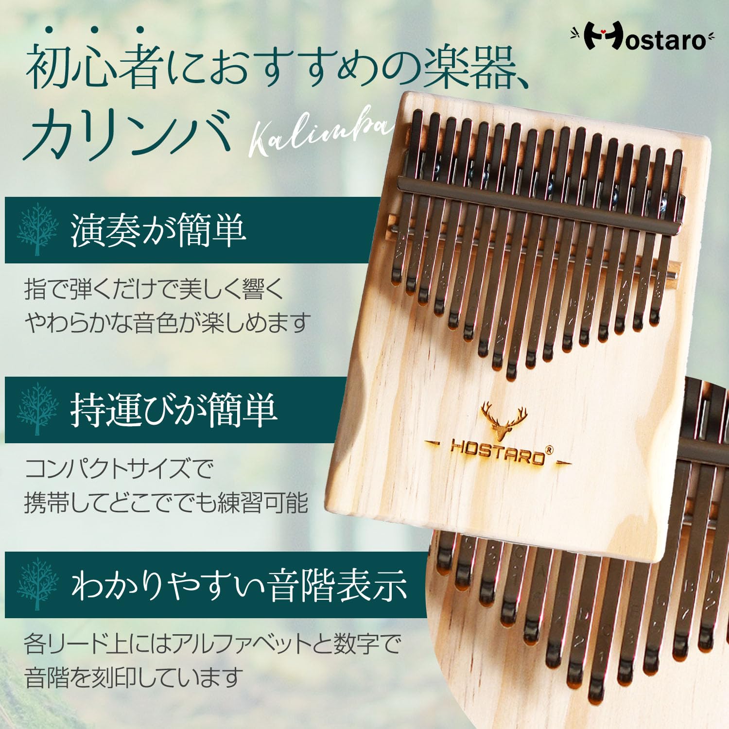 Hostaro カリンバ (親指ピアノ) 17キー ソリッド 初心者セット 松の木 超軽量 (17音 無垢材) 大正琴