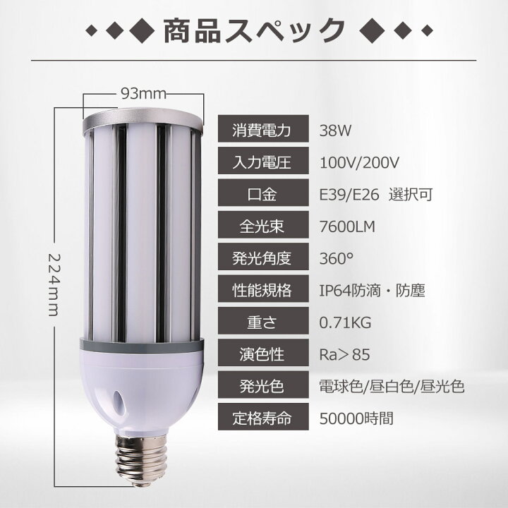 楽天市場】LEDコーンライト コーン型水銀灯 E39 E26 LED電球 300W 