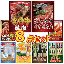 【ポイント10倍★9日から】景品 パネル 目録 8点セット 宮崎牛 焼肉 黒毛和牛 すきやき肉 ウインナー1kg 十勝 ウィンナー 電気ケトル ビンゴ 結婚式 二次会 披露宴 会社イベント ゴルフコンペ 忘年会 抽選会