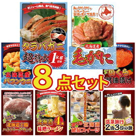 【ポイント10倍★9日から】景品 パネル 目録 8点セット タラバガニ 1kg 北海道 毛ガニ 北海道 塩水バフンウニ 北海道 いくら 北海道 十勝 ハンバーグ ビンゴ 結婚式 二次会 披露宴 会社イベント ゴルフコンペ 忘年会 抽選会