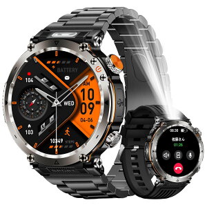 2025初売り スマートウォッチ 軍用規格 1.7インチ大画面 メンズ 丸型 通話機能付き Bluetooth5.3 懐中電灯 天気予報 日本製 着信/LINEなどの通知 アンドロイド対応 音声アシスタント スポーツウォ