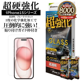 iPhone15 15 Pro ガラスフィルム 平面保護 超強化 ダブルストロング ブルーライトカット 高光沢 高透明 ブルーライトカット サファイアコート ゴリラガラス採用 0.33mm 硬度10H 10H＋ モース硬度7 ガイド枠付き アイフォン 保護フィルム ラスタバナナ