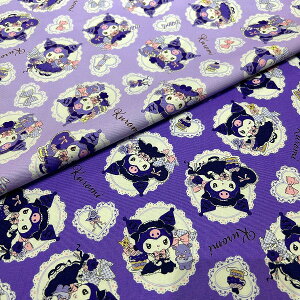 キャラクター生地 クロミ レース柄 G8972 ムラサキ、ラベンダー リボン【キャラクターオックス生地/コットン100%/クロミちゃん/ハンドメイド/入園入学/体操着入れ/ランチョンマット/