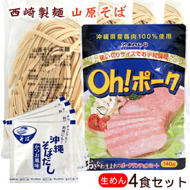 西崎製麺 山原そば 生麺4食セット （平麺）（生麺・そばだし・ポーク） 【送料無料メール便】
