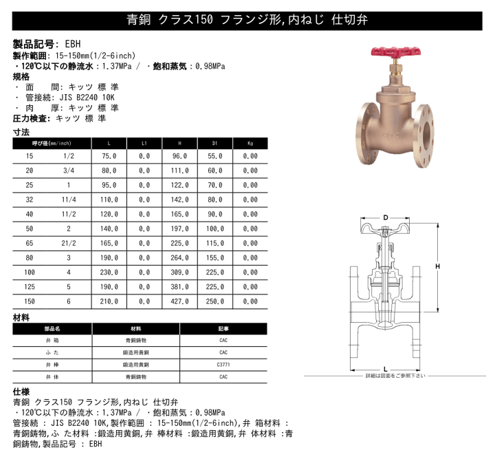 KITZ キッツ 80A 3インチ ゲートバルブ EBH 150型 青銅 ステム非上昇型 NRS 汎用バルブ フランジ形 建築土木ストア