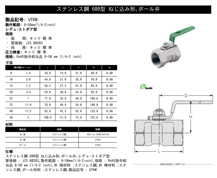 楽天市場】KITZ(キッツ)40A 11/2インチ ステンレス製ボールバルブ レデューストボア UTKM 600型 SCS14A ねじ込み形 : 建築土木ストア
