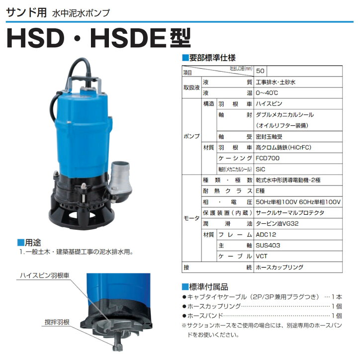楽天市場】ツルミ 泥水用 水中ポンプ HSD2.55S 非自動形 100V 0.55kW 