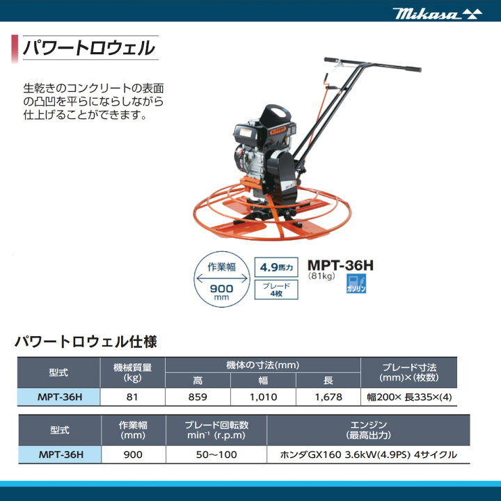 楽天市場】三笠産業 パワートロウェル MPT-36H 作業幅 900mm ブレード4 