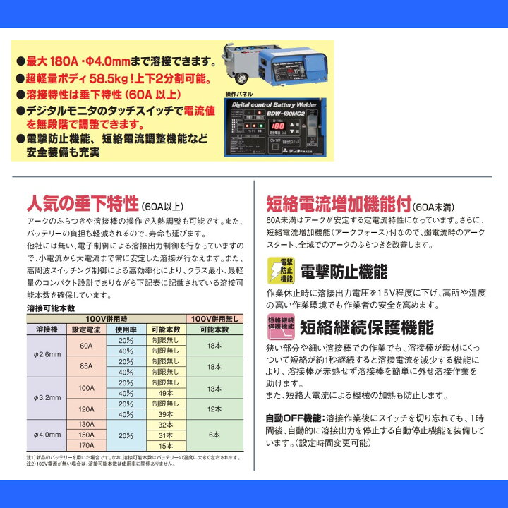 楽天市場】デンヨー 溶接機 BDW-180MC2 バッテリー式 バッテリー 180A 