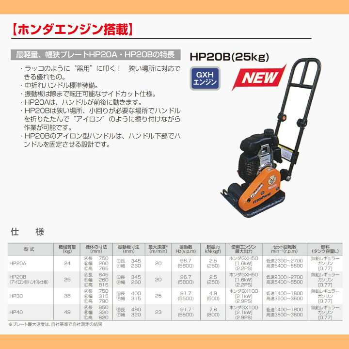 楽天市場】明和製作所 プレートコンパクター HP20B 中折れハンドル 