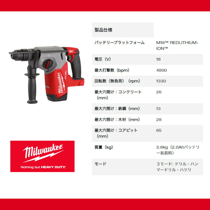 楽天市場】ミルウォーキー ハンマードリル M18 FHX-0X0 JP バッテリー 