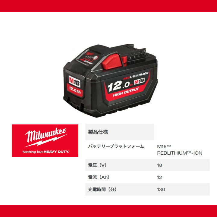 楽天市場】ミルウォーキー M18 HB12 JP バッテリー 12.0Ah 18V パワー 