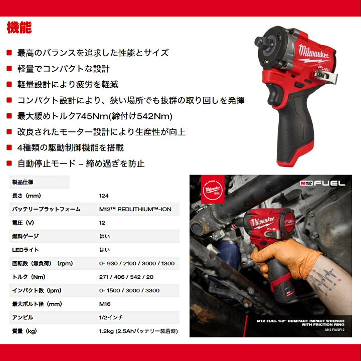 楽天市場】ミルウォーキー インパクトレンチ M12 FIW2F12-0X0 JP M12 