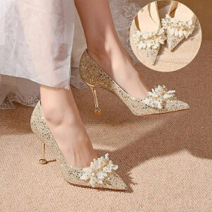 【送料無料】ハイヒール ポインテッドトゥパンプス ヒール高6cm/ ウェディングシューズ 痛くない 結婚式 ラインストーン レディース シューズ