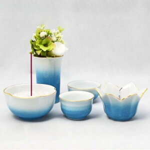 ペット用仏具 有田焼 西方窯 「癒し花」ブルーグラデーション 5点セット