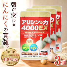 【ポイント10倍！残暑を応援キャンペーン中】 アリシンの力 4000EX 【3袋】 180粒 約3か月分 にんにくサプリ アリシンサプリ ニンニク 臭わない まだまだ厳しい残者に 高濃度アリシン にんにく 元気 スタミナ 働き盛り シニア 男 女