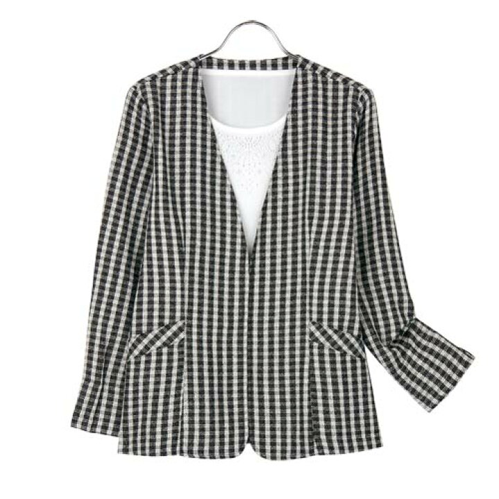 楽天市場】ノーカラージャケット ギンガムチェック シルク混 黒×白 