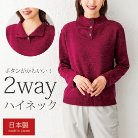ニット セーター 長袖 ハイネック 襟付き レディース 日本製 3つボタン ハイネックセーター ワインレッド 婦人服 ミセス シニア 女性 赤系 上品 シンプル シニアファッション 40代 50代 60代 70代 80代 母の日 お母さん おばあちゃん 秋冬　pos　fuji　p26498
