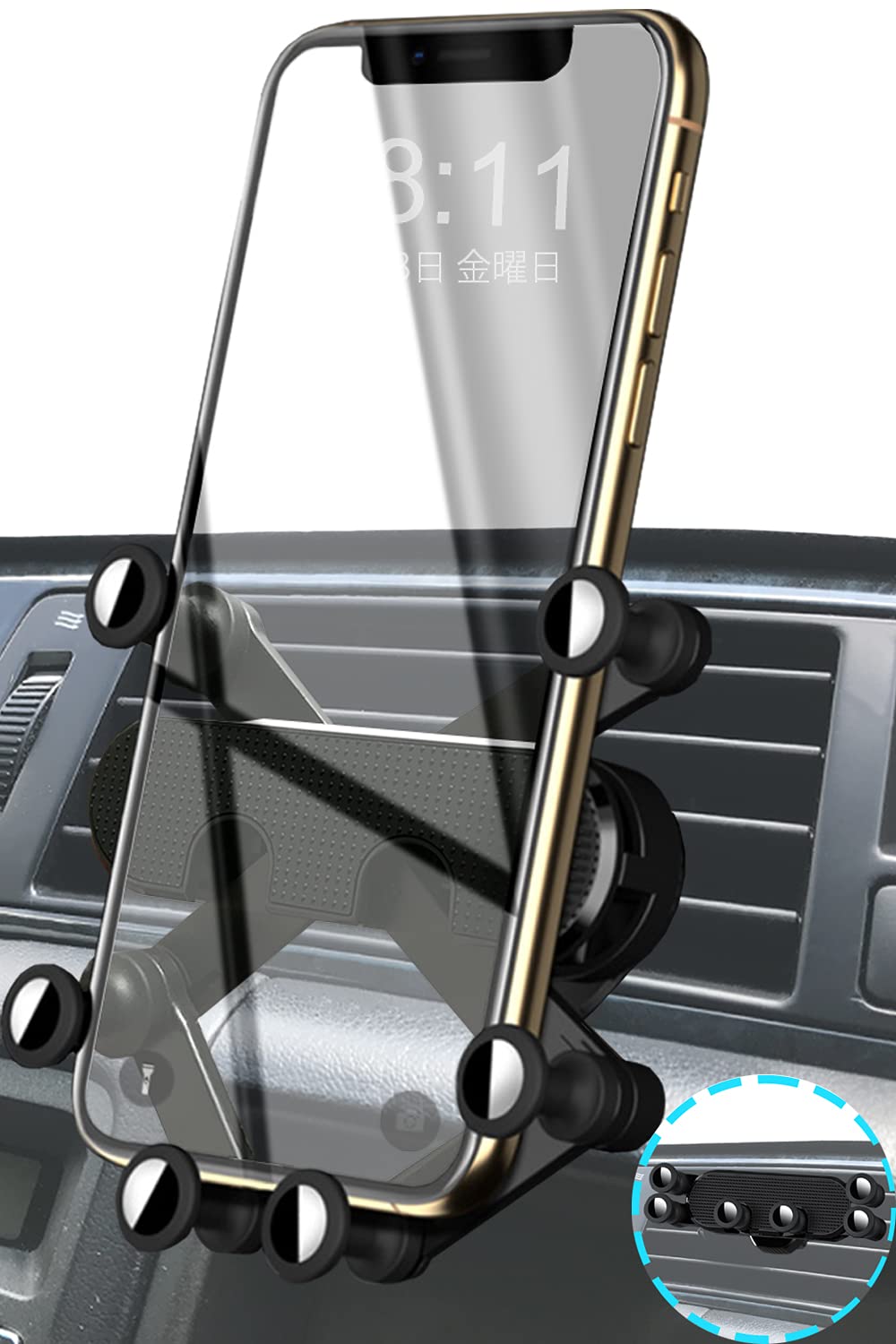 車載スマホホルダー エアコン 吹き出し口用 ブラック iPhone スマホ対応 ワンタッチ 横向き可能 カーホルダー スマートフォンホルダー 携帯ホルダー