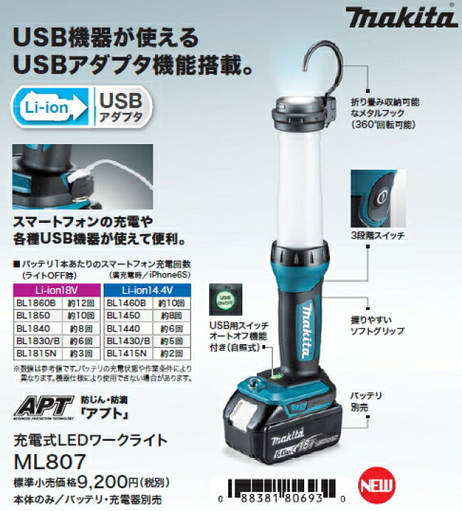 楽天市場】マキタ電動工具 14.4V/18V用充電式LEDワークライト ML807 