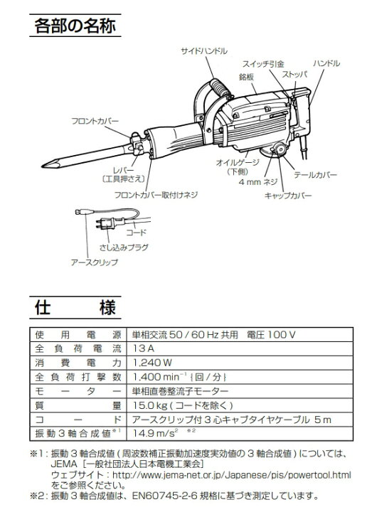 楽天市場】HiKOKI/ハイコーキ AC100V 大型ハンマー（破砕機） PH-65A 