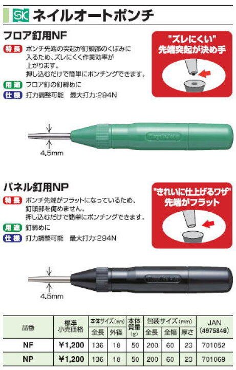 楽天市場 新潟精機 ネイルオートポンチ フロア釘用nf ケンチクボーイ