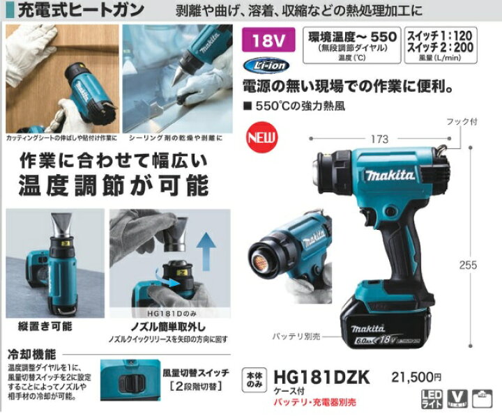 楽天市場】【正規販売店】マキタ正規品 充電式ヒートガン【HG181DZK 