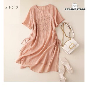 チュニック ワンピース レディース tシャツ シャツ 半袖 レディース ロングワンピース 夏 刺繍 綿麻 40代 体型カバー ゆったり 薄手 涼しい お洒落 30代 50代