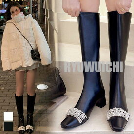 ロングブーツ レディース スクエアトゥ パール ビジュー ローヒール シンプル 歩きやすい おしゃれ ブラック ホワイト フィット イベント清楚 お洒落