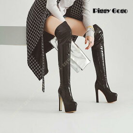 ニーハイブーツ レディース 美脚 太ヒール ハイヒール ブーツ ロングブーツ ジッパー 厚底 長靴 高筒ブーツ 厚底ブーツ 長ブーツ 美脚 春 秋冬 黒 赤 エナメル