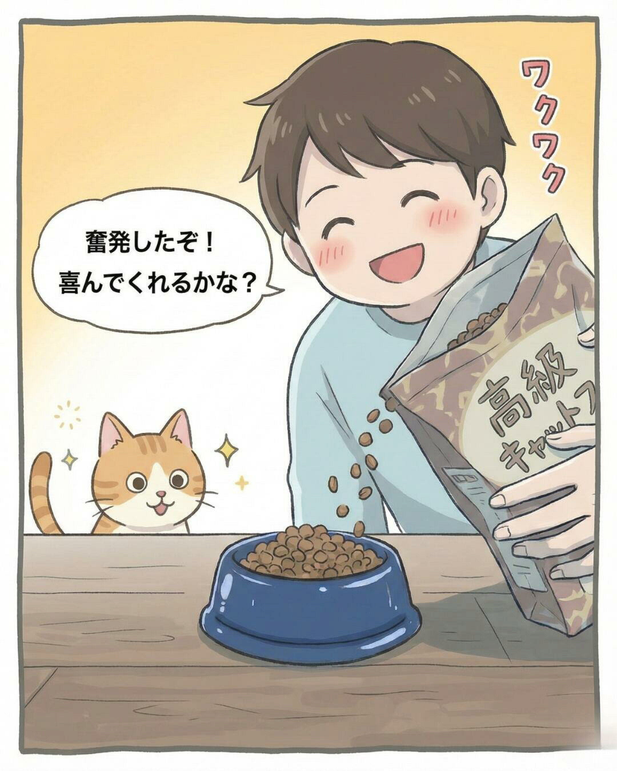 高級な「Premium」と書かれた袋をもって嬉しそうに猫にあげようとする飼い主