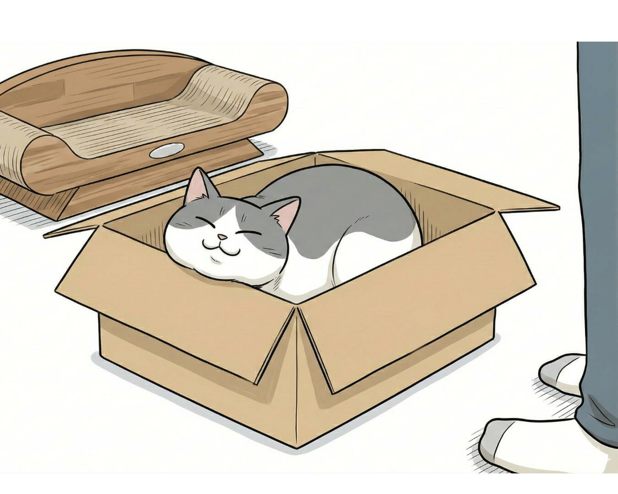 猫用ソファ型爪とぎが届くも、猫ちゃんは匂いを確認しただけで使わず、梱包ダンボール箱に飛び込み、そのまま満足そうにくつろぐ様子を描いたイラスト。