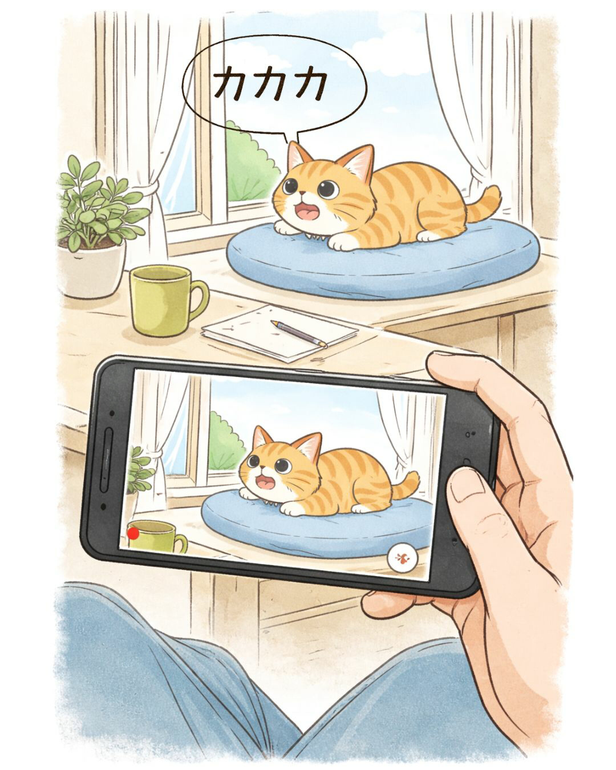猫用ソファ型爪とぎが届くも、猫ちゃんは匂いを確認しただけで使わず、梱包ダンボール箱に飛び込み、そのまま満足そうにくつろぐ様子を描いたイラスト。