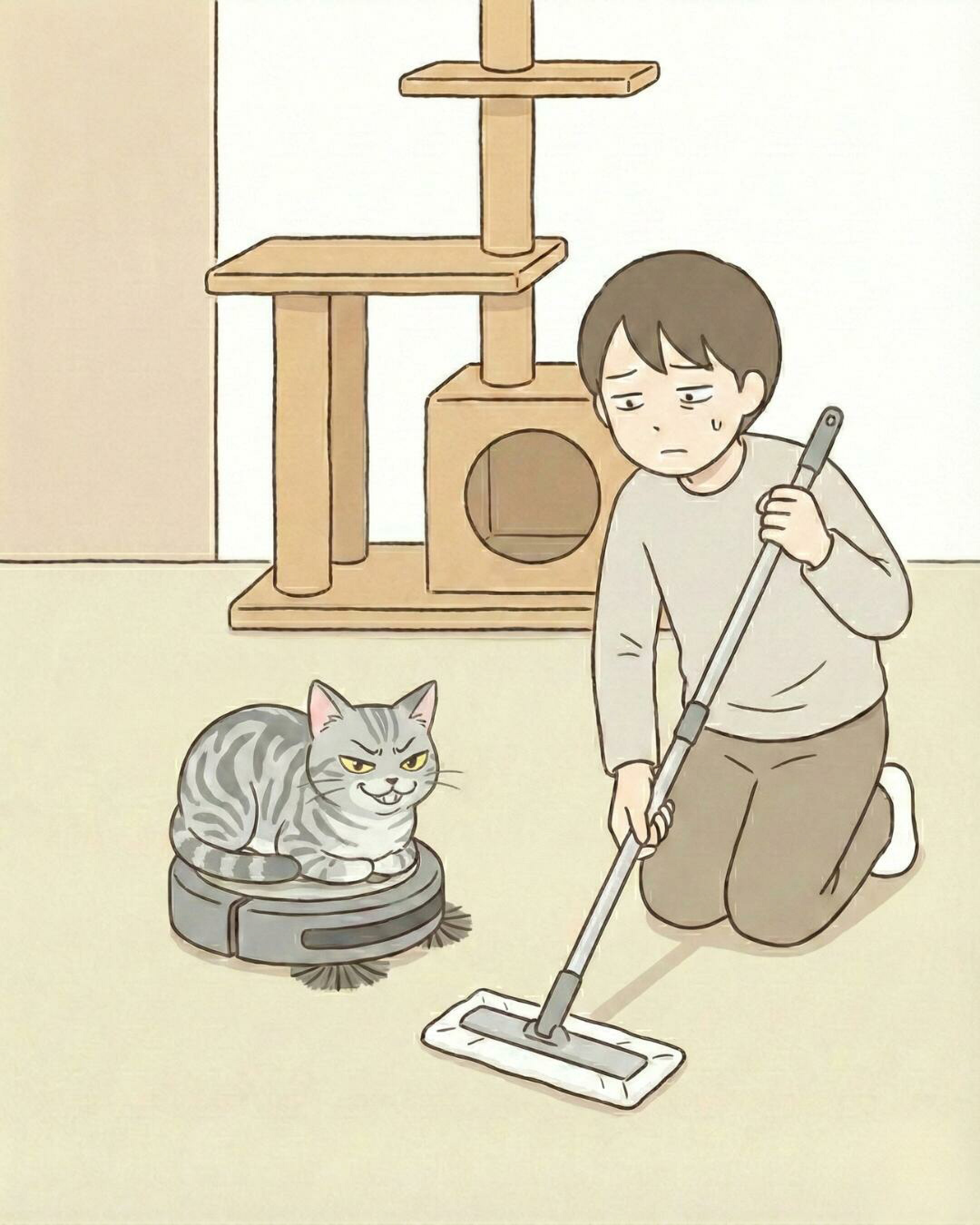 猫が乗ったまま停止したロボット掃除機の横で、諦めた表情でクイックルワイパーをかけて床掃除をする飼い主。