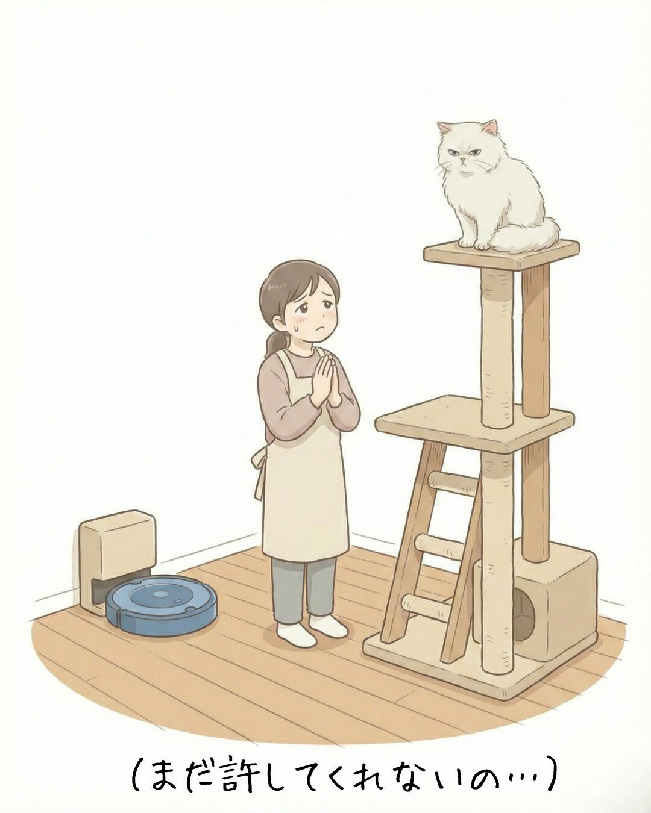 猫用ソファ型爪とぎが届くも、猫ちゃんは匂いを確認しただけで使わず、梱包ダンボール箱に飛び込み、そのまま満足そうにくつろぐ様子を描いたイラスト。