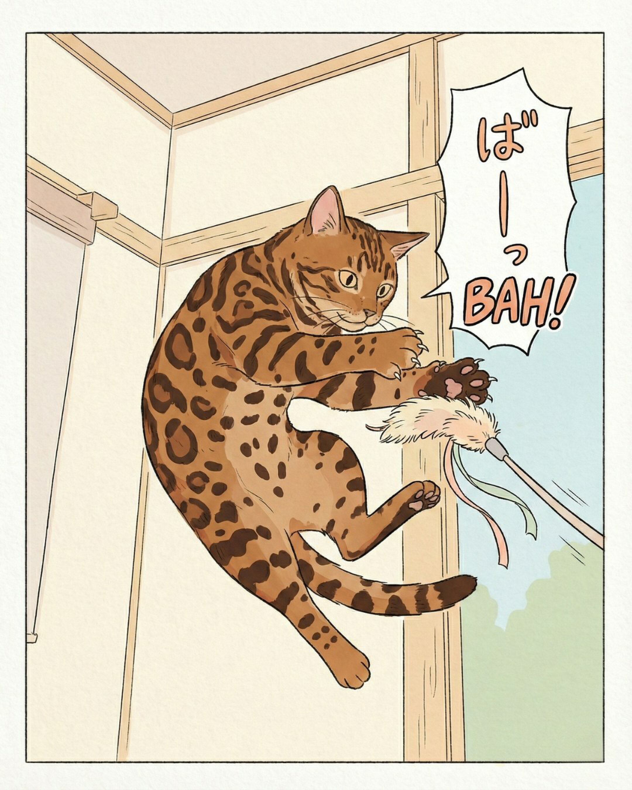 猫の狩り本能を解説する記事タイトル画像。「お家の中の小さな猛獣」というキャッチコピーと、獲物を狙う鋭い目つきのベンガル猫のイラスト。