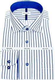ワイシャツ 長袖 メンズ ドレスシャツ 形態安定 ブルー ストライプ スナップダウン ワイドカラー シャツ ドレスシャツ ビジネス お洒落着 kf2080-8